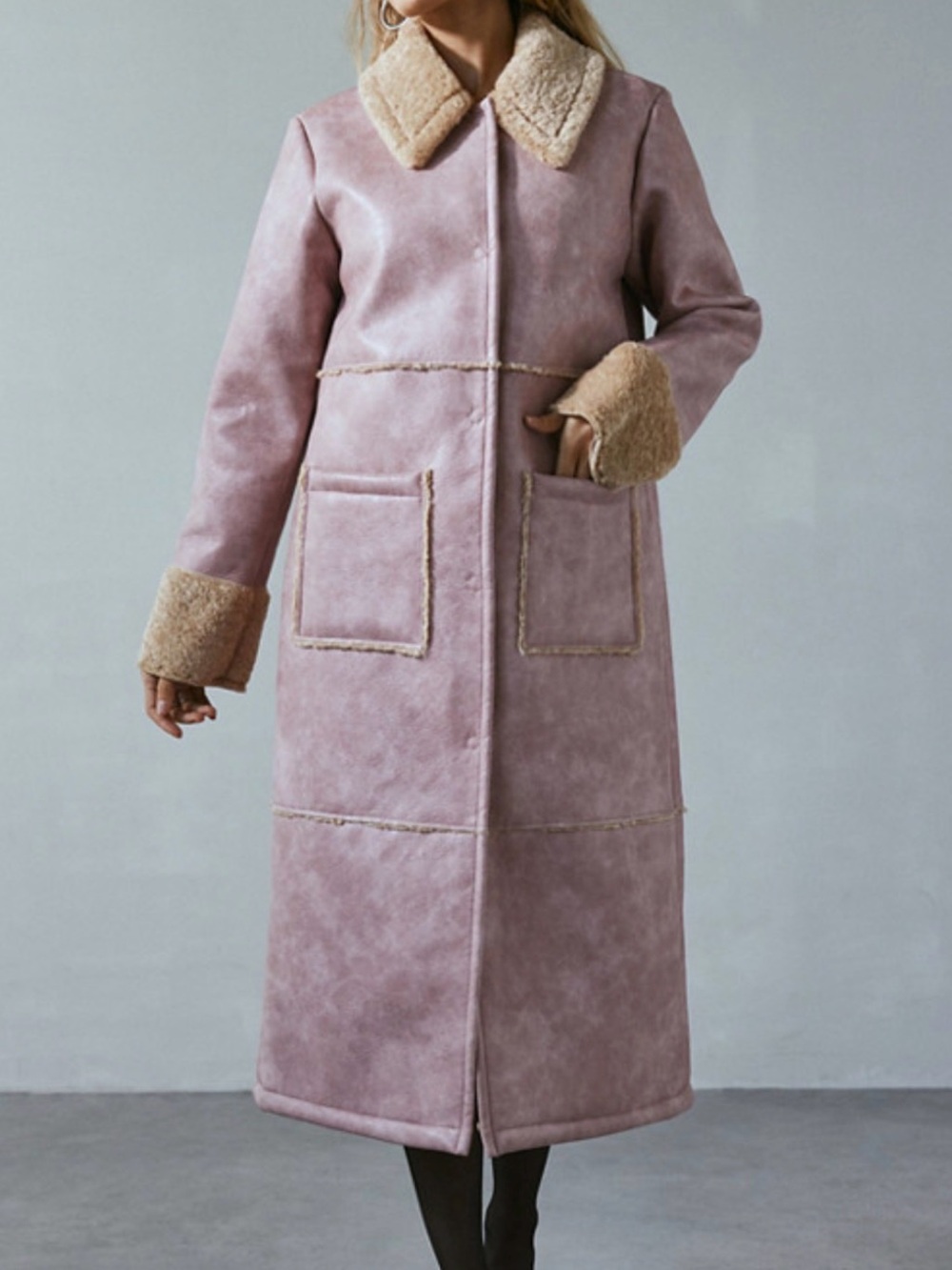 Kimchi Blue Dusty Pink Faux-Shearling Long Trench Coat - Picture 7 of 9